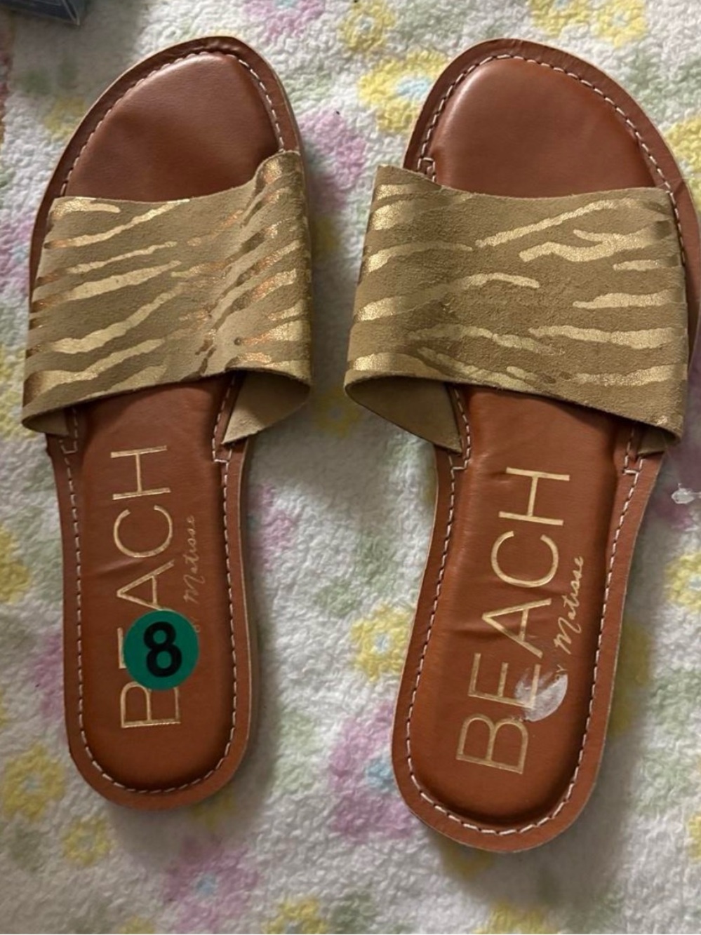 BEACH Nude Gold Zebra-Pattern Slide Sandals